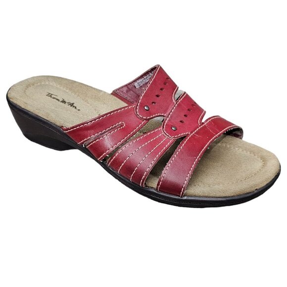💥Thom McAn Miracle Strappy Slip On Wedge Red Sandals - Picture 1 of 11